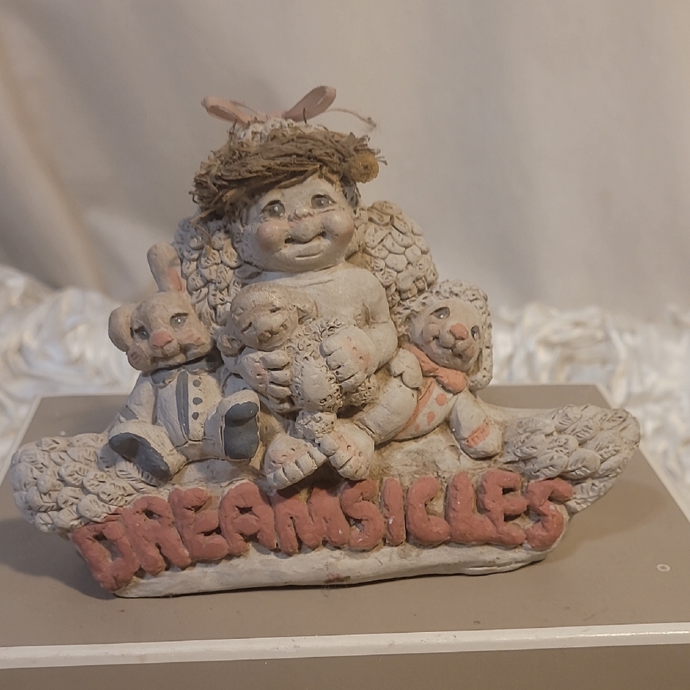 Dreamsicle Cherub/Angel With Bunnies Figurine Vintage Plaster